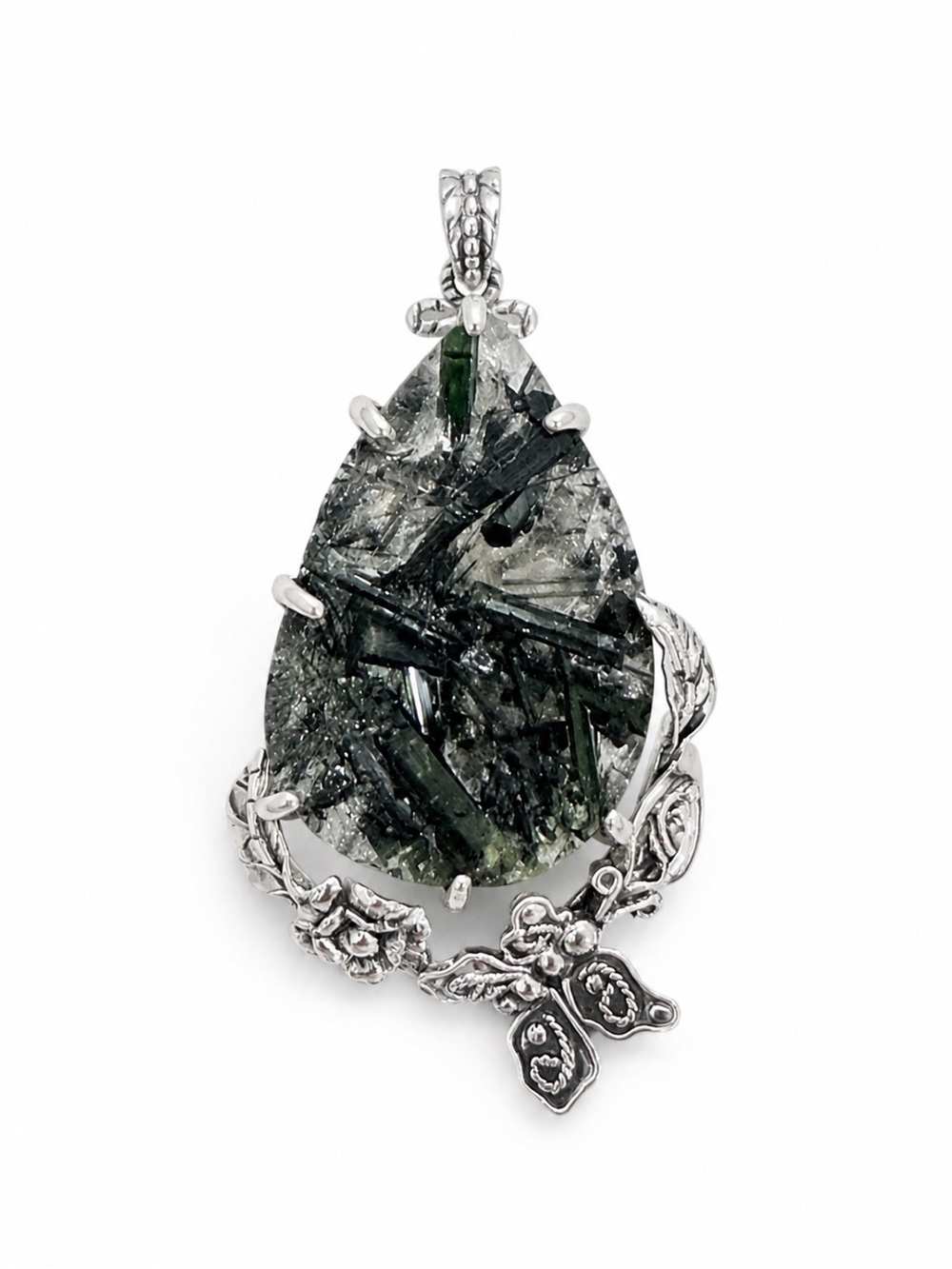 925 Sterling Silver Green Tourmalinated Quartz Teardrop Pendant
